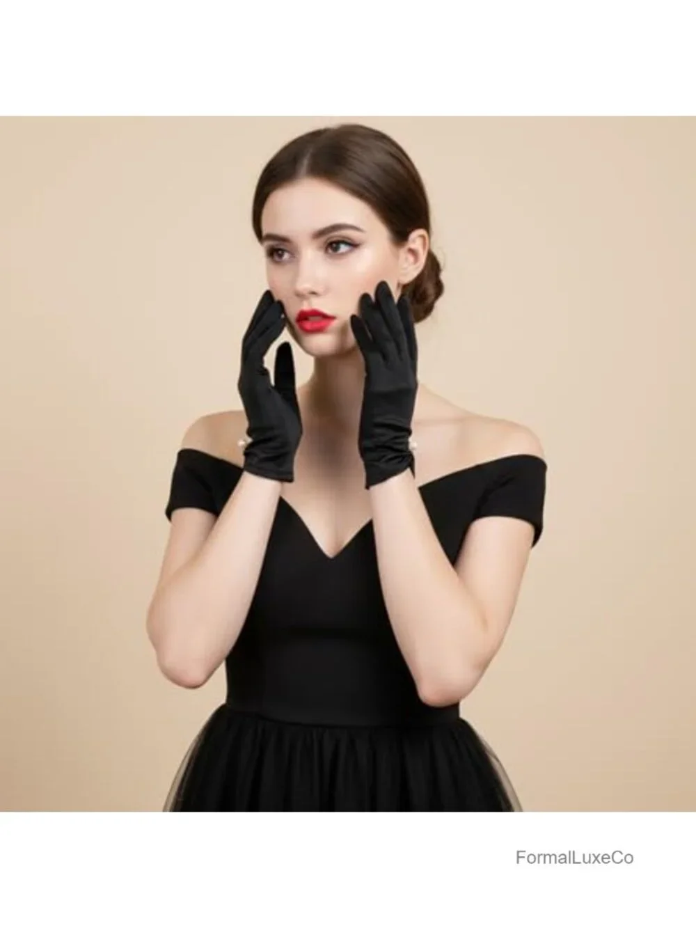 Elegant Black Satin Gloves for Women with Pearl, Formal Opera Bridal Accessory